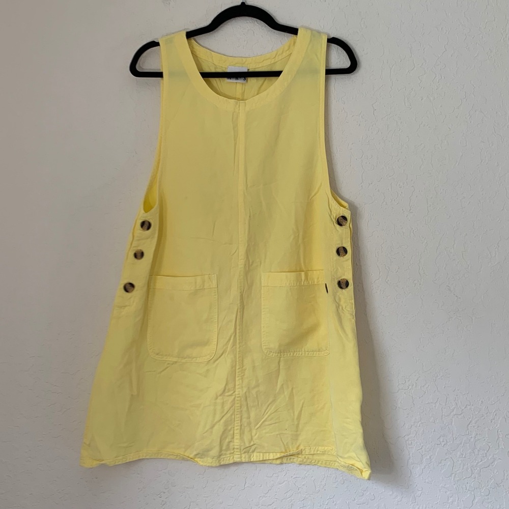 AKS Pinafore Jumper Dress Women L Yellow Side Button Pockets Cottagecore Artsy